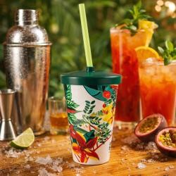 Copo Plástico In Mold Label Com Tampa e Canudo 450ml